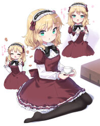  :d :o ^_^ black_bow black_hairband black_legwear blonde_hair blush bow brown_dress closed_eyes collared_shirt commentary_request cup dress female frilled_hairband frills green_eyes hair_between_eyes hairband highres holding holding_saucer idolmaster idolmaster_cinderella_girls ktsecond layered_sleeves lolita_fashion lolita_hairband long_sleeves looking_at_viewer multiple_views open_mouth pantyhose parted_lips puffy_short_sleeves puffy_sleeves ribbon-trimmed_hairband ribbon_trim sakurai_momoka saucer shirt short_over_long_sleeves short_sleeves sitting smile standing translation_request wariza white_background white_shirt 