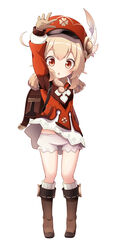  ahoge arm_up backpack bag bloomers boots brown_footwear brown_gloves brown_scarf cabbie_hat coat commentary_request female full_body genshin_impact gloves hair_between_eyes hat hat_feather hat_ornament highres klee_(genshin_impact) knee_boots kneehighs light_brown_hair lolitan long_hair long_sleeves looking_at_viewer low_twintails orange_eyes parted_lips pocket pointy_ears randoseru red_coat red_hat scarf sidelocks simple_background socks solo twintails underwear upskirt waving white_background white_bloomers 