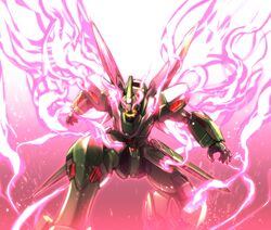  beam crossbone_gundam crossbone_gundam_ghost energy glowing glowing_eyes glowing_mouth gradient_background gundam highres ishiyumi mecha no_humans on_one_knee phantom_gundam robot 