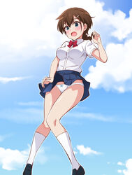  blue_eyes blue_footwear blue_skirt bow bow_panties bowtie breasts brown_hair clothes_lift cloud commentary_request day female furrowed_brow gabao_(mattari_2019) hair_between_eyes hair_ornament hairclip kneehighs loafers medium_breasts open_mouth panties pleated_skirt red_bow red_bowtie rifle_is_beautiful school_uniform shibusawa_izumi shoes short_sleeves skirt skirt_lift sky socks solo standing underwear white_panties white_socks 