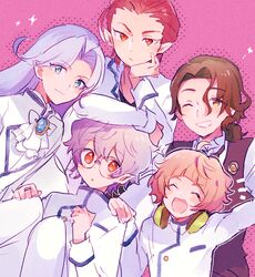  5boys ahoge ai_ranmaru ascot blue_eyes brown_hair closed_eyes closed_mouth fairy_ranmaru:anata_no_kokoro_otasuke_shimasu glasses grey_hair headphones headphones_around_neck hoterase_homura jewelry matsuoka_jyuka mnmn0406 multiple_boys necktie one_eye_closed open_mouth orange_eyes orange_hair pointy_ears purple_background purple_hair red_eyes red_hair ring seiren_uruu simple_background smile uniform utashiro_takara yellow_eyes 