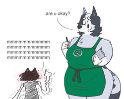  anthro apron apron_only ass australian_cattle_dog belly big_breasts big_butt black_hair bluey_(series) blush breasts canid canine canis cattledog clothed clothing container cup dialogue digital_drawing_(artwork) digital_media_(artwork) domestic_dog duo english_text eyebrows felid feline female fur green_apron green_clothing grey_body grey_fur hair herding_dog holding_container holding_cup holding_object holding_pen i_mean_breast_milk leopard male male/female mammal meme mostly_nude nervous open_mouth pantherine pastoral_dog pen shaking shivering simple_background size_difference skinny skinny_male slightly_chubby slightly_chubby_female text thick_thighs trixie_heeler tunk tunk_saray_lovesta white_background white_body white_fur wide_hips worried_look 