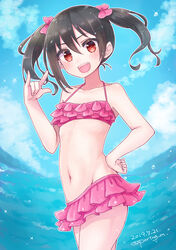  :d \m/ bad_id bad_pixiv_id bikini bikini_skirt black_hair blue_sky bow cloud cloudy_sky commentary dated day female frilled_bikini frills hairbow hand_on_own_hip highres looking_at_viewer love_live! love_live!_school_idol_project medium_hair miyamae_porin navel ocean open_mouth outdoors pink_bikini pink_bow red_eyes sky smile solo standing swimsuit twintails twitter_username water_drop yazawa_nico 