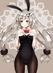  absurdres animal_ears black_pantyhose blush bow bowtie breasts cla_(finesoda) cowboy_shot embarrassed fake_animal_ears female girls&#039;_frontline grey_hair hair_ornament hairclip hands_on_own_chest highres long_hair mg4_(girls&#039;_frontline) pantyhose playboy_bunny rabbit_ears simple_background small_breasts solo thick_thighs thighs twintails very_long_hair yellow_eyes 