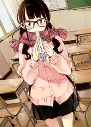  black_hair black_skirt book brown_eyes cardigan classroom commentary_request cowboy_shot female glasses highres holding holding_book inato_serere long_hair original pink_cardigan pink_scarf plaid plaid_scarf scarf scarf_over_mouth skirt solo 