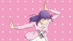  cardigan closed_eyes commentary_request dress easy_breezy eizouken_ni_wa_te_wo_dasu_na! fate/stay_night fate_(series) female hair_ribbon highres matou_sakura parody pink_background polka_dot polka_dot_background pose purple_hair qurm_(enpitsu) ribbon 