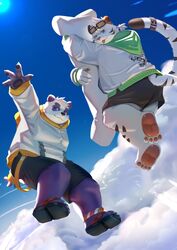  2022 aipangpangdeyua anthro bear bottomwear clothing cloud duo feet felid footwear giant_panda hi_res hoodie kemono male mammal outside overweight overweight_male pantherine purple_body sandals shorts tiger tongue tongue_out topwear white_body 