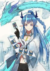  arknights blue_hair blue_horns card dragon duel_disk female holding holding_card horns leiroken ling_(arknights) pointy_ears polymerization ponytail solo water_dragon yu-gi-oh! 