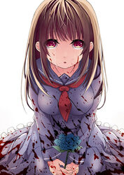  :o blood blood_on_clothes blood_on_face blue_flower blue_sailor_collar blue_serafuku blue_shirt blue_skirt blush breasts brown_hair check_commentary commentary_request creek_(moon-sky) crying crying_with_eyes_open female flower frilled_skirt frills highres holding holding_flower long_hair long_sleeves looking_at_viewer medium_breasts neckerchief original own_hands_together parted_lips red_eyes red_neckerchief sailor_collar school_uniform serafuku shirt simple_background skirt solo tears white_background 