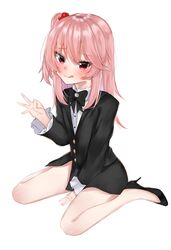  absurdres blush female formal full_body high_heels highres indie_virtual_youtuber kurenai_momoka looking_at_viewer nemun_(tamizzz) office_lady pink_eyes pink_hair simple_background sitting solo tongue tongue_out virtual_youtuber wariza white_background 