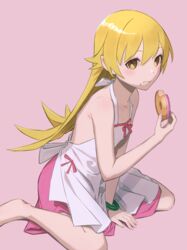  arm_support armpit_crease bare_shoulders blonde_hair blush bow bracelet breasts closed_mouth collarbone commentary doughnut dress dress_bow eating female flipped_hair food food_on_face full_body hair_between_eyes halterneck hand_up highres holding holding_food jewelry long_hair looking_ahead monogatari_(series) multicolored_clothes multicolored_dress oshino_shinobu pink_background pink_bow pink_dress shimizu_tomoki sidelocks simple_background sitting small_breasts solo straight_hair swept_bangs very_long_hair wariza white_dress yellow_eyes 