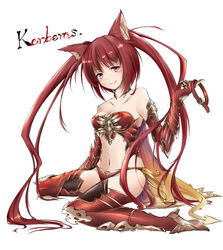  animal_collar animal_ears bare_shoulders blush breasts cerberus_(shingeki_no_bahamut) collar collarbone dog_ears dog_girl elbow_gloves female full_body gauntlets gloves granblue_fantasy groin high_heels leglus long_hair medium_breasts navel panties pink_eyes red_hair side-tie_panties sitting smile solo thighhighs underwear very_long_hair wariza 