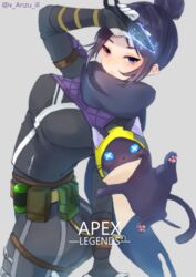  absurdres animalization animification anzu_(x_anzu_ill) apex_legends artist_name ass belt black_bodysuit black_scarf blue_eyes blush bodysuit breasts brown_belt commentary electricity feline female hair_behind_ear hair_bun highres holding holding_knife hope&#039;s_dusk_(apex_legends) knife kunai leaning_back looking_at_viewer medium_breasts parted_bangs scarf single_hair_bun solo twisted_torso void_prowler_wraith weapon wraith_(apex_legends) 