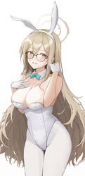  absurdres akane_(blue_archive) akane_(bunny)_(blue_archive) animal_ears aqua_bow aqua_bowtie bare_shoulders blue_archive blush bow bowtie breasts brown_eyes cleavage commentary cowboy_shot detached_collar fake_animal_ears female glasses gloves hair_between_eyes halo highleg highleg_leotard highres large_breasts leotard light_brown_hair long_hair looking_at_viewer non09_24 official_alternate_costume pantyhose parted_lips playboy_bunny rabbit_ears simple_background smile solo strapless strapless_leotard traditional_bowtie white_background white_gloves white_leotard white_pantyhose 