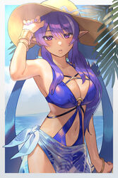  absurdres blue_one-piece_swimsuit blue_sky bracelet breasts brown_hat casual_one-piece_swimsuit cloud commentary_request dark-skinned_female dark_skin day female fingernails hat highres jewelry judith_(tales) large_breasts lips long_hair looking_at_viewer nail_polish ocean one-piece_swimsuit outdoors parted_lips pointy_ears purple_eyes purple_hair purple_nails sky solo swimsuit tales_of_(series) tales_of_the_rays tan ubo_(ubo_tales) 