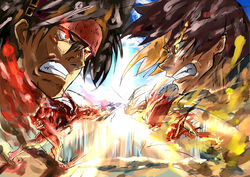  2boys alternate_form armor aura battle brown_hair claws clenched_hand covered_abs crossover dragon_install energy_wings fighting fingerless_gloves fireseal gloves green_eyes guilty_gear guilty_gear_xrd headband helmet jacket junkyard_dog_mk_iii kazuma_(scryed) long_hair multiple_boys muscular muscular_male nanbaba orange_armor ponytail power_fist punching red_eyes red_hair scryed shell_bullet shirt short_hair sol_badguy spiked_hair sword teeth trait_connection weapon winged_helmet yellow_eyes 