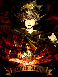  1boy absurdres ahoge aiguillette asta_(black_clover) banner belt black_bulls_(emblem) black_capelet black_clover black_headband blonde_hair book buckle capelet dark_background dark_persona english_text floating floating_book floating_object frit_2 gloves green_eyes grey_hair hair_between_eyes hands_up headband heterochromia highres holding holding_sword holding_weapon long_bangs looking_at_viewer magic male_focus messy_hair narrowed_eyes open_mouth possessed red_eyes serious shirt short_hair single_glove solo sparkle spiked_hair sword upper_body v-shaped_eyebrows weapon white_hair white_shirt 