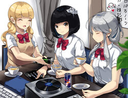  3girls black_hair blonde_hair blunt_bangs bob_cut bow bowtie closed_eyes commentary_request computer_keyboard cup energy_drink flower grey_hair hair_flower hair_ornament hair_rings highres indoors maremay0513 monster_energy multiple_girls original pouring red_bow red_bowtie saucer school_uniform scrunchie short_sleeves sidelocks sitting sweater_vest table tablet_pc teacup turntable twintails yellow_eyes 