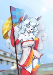  2020 alolan_form alolan_vulpix anthro anthrofied arms_bent big_breasts blue_eyes blue_hair blush breasts checkered checkered_flag clothing cocked_hip cosplay dress fan_character female flag flag_(object) generation_7_pokemon gloves goodsmile_racing hair hand_on_hip hand_on_own_hip handwear hatsune_miku hi_res holding_flag holding_hips holding_object krakenparty legs_together legwear looking_at_viewer multi_tail nintendo open_mouth open_smile pokemon pokemon_(species) pokemorph race_queen race_track racing_miku racing_miku_(2016) regional_form_(pokemon) ricka_ekartsen signature smile solo tail thigh_highs vocaloid 