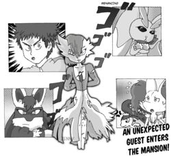  angry black_and_white blind_eye body_scars braixen burned clothing comic_book_style determined digital_media_(artwork) digital_painting_(artwork) female fist gardevoir generation_3_pokemon generation_4_pokemon generation_6_pokemon group hi_res human humanoid japanese_text jewelry looking_at_viewer lopunny lucario male mammal mawile mega_stone monochrome necklace nintendo pokemon pokemon_(species) pokemon_trainer scar scarf scrunchie shirt surprised_expression text topwear torn_clothing torn_shirt torn_topwear tradicional_art worried_look zennybluegenesis 