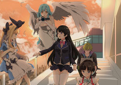  1boy 4girls absurdres ahoge bare_shoulders black_bow black_hair black_jacket blazer blonde_hair blue_dress blue_eyes blue_hair bow braid breasts camera cleavage commentary_request computer dress elbow_gloves feathered_wings frilled_dress frills gloves green_hair hairbow highres jacket laptop long_hair moira_(1st_costume)_(nijisanji) moira_(nijisanji) mole mole_under_mouth mononobe_alice mononobe_alice_(1st_costume) multiple_girls nijisanji orange_eyes outdoors school_uniform shibuya_hajime shibuya_hajime_(1st_costume) skirt smile suzuka_utako suzuka_utako_(1st_costume) syun_the_ride tsukino_mito tsukino_mito_(1st_costume) twilight two-tone_dress virtual_youtuber white_dress white_hair white_legwear wings 