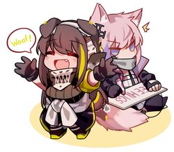  2girls absurdres animal_ears armband black_gloves brown_hair chibi dog_ears dog_girl dog_tail fingerless_gloves girls&#039;_frontline gloves green_hair headphones highres jacket long_hair long_sleeves m4a1_(girls&#039;_frontline) multicolored_hair multiple_girls oerba_yun_fang open_mouth pink_hair purple_eyes purple_hair scarf simple_background sitting speech_bubble st_ar-15_(girls&#039;_frontline) standing streaked_hair tail white_background writing yuutama2804 