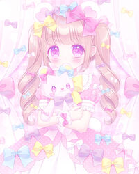  animal_ears bear_ears bear_girl bear_tail blue_bow blush bow brown_hair commentary_request covered_mouth curtains dress female hairbow highres himetsuki_luna hugging_object long_hair looking_at_viewer original pink_bow pink_dress plaid plaid_background polka_dot polka_dot_dress puffy_short_sleeves puffy_sleeves purple_bow purple_eyes ringlets short_sleeves solo stuffed_animal stuffed_toy tail teddy_bear twintails twitter_username very_long_hair yellow_bow yume_kawaii 