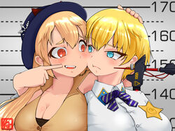  2girls accessories_switch blonde_hair blue_eyes breasts buttons cheek-to-cheek cheek_poking cleavage dress eye_contact frown girls&#039;_frontline hand_on_another&#039;s_head hat heads_together height_mark large_breasts long_hair looking_at_another m870_(girls&#039;_frontline) mole mole_under_eye multiple_girls neoyamah open_mouth poking police_badge red_eyes ribbon sheriff_badge short_hair snowflake_ornament strapless strapless_dress striped striped_ribbon vsk-94_(girls&#039;_frontline) 