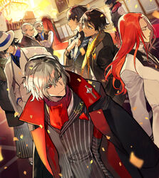  6+boys adjusting_clothes adjusting_necktie antonio_salieri_(fate) antonio_salieri_(second_ascension)_(fate) arash_(fate) ascot bad_id bad_pixiv_id bartholomew_roberts_(fate) black_hair black_jacket black_neckwear black_vest blue_shirt brown_hair buttons chandelier closed_eyes closed_mouth collar collared_jacket collared_shirt commentary_request covered_eyes cross crossed_arms earrings fate/grand_order fate/prototype fate/prototype:_fragments_of_blue_and_silver fate_(series) glasses gloves grey_hair hand_in_pocket hat indoors itefu jacket jacket_on_shoulders james_moriarty_(archer)_(fate) japanese_clothes jewelry long_hair long_sleeves looking_at_another male_focus multiple_boys necktie okada_izou_(fate) open_clothes open_jacket ozymandias_(fate) red_ascot red_eyes red_hair ring sakamoto_ryouma_(fate) scarf shirt standing striped_clothes striped_jacket striped_necktie tristan_(as_you_wish)_(fate) tristan_(fate) vest white_gloves white_hair white_headwear yagyuu_munenori_(fate) 