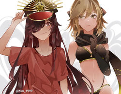  2girls arm_up artist_name asymmetrical_bangs asymmetrical_gloves bad_id bad_pixiv_id bikini black_bikini black_gloves black_scarf blonde_hair breasts brown_hair closed_mouth collarbone elbow_gloves fate/grand_order fate_(series) gloves hair_over_one_eye hand_on_headwear hat kuu_1999 long_hair looking_at_another looking_at_viewer medium_breasts multiple_girls navel oda_nobunaga_(fate) oda_nobunaga_(koha-ace) okita_j._souji_(fate) okita_j._souji_(first_ascension)_(fate) okita_souji_(fate) peaked_cap red_eyes red_shirt scarf shirt short_hair short_sleeves single_glove smile straight_hair swimsuit t-shirt uneven_gloves yellow_eyes 