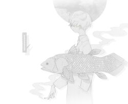  ... 1boy cigarette coelacanth fish from_side greyscale highres male_focus monochrome original profile short_hair smoke solo spoken_ellipsis surreal tembin_3 upper_body 