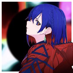  blue_hair braid colored_inner_hair earrings female hood hood_down hooded_jacket jacket jewelry kamitsubaki_studio looking_at_viewer multicolored_eyes multicolored_hair orb parted_lips profile red_hair red_jacket rim_(kamitsubaki_studio) short_hair side_braid solo tarou2 two-tone_hair upper_body virtual_youtuber yellow_pupils 