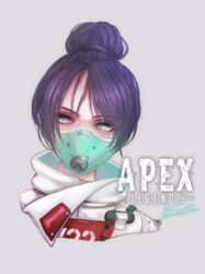  apex_legends artist_name bad_id bad_pixiv_id black_hair copyright_name cropped_torso dated female grey_background grey_eyes hair_bun head_tilt highres hokuro56 jacket logo official_alternate_costume portrait quarantine_722_wraith single_hair_bun solo white_jacket wraith_(apex_legends) 