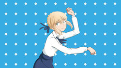  argyle_background artoria_pendragon_(fate) blonde_hair blue_background collared_shirt commentary_request easy_breezy eizouken_ni_wa_te_wo_dasu_na! fate/stay_night fate_(series) female green_eyes hair_bun hair_ribbon highres parody pose qurm_(enpitsu) ribbon saber_(fate) shirt single_hair_bun skirt smile 