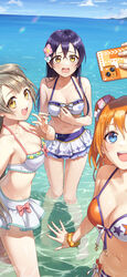  3girls :d absurdres bikini bikini_skirt blue_eyes blue_hair blush bow bow_bikini breasts brown_hair collarbone commentary_request day embarrassed flower hair_between_eyes hair_flower hair_ornament highres holding holding_phone knees_together_feet_apart kosaka_honoka long_hair love_live! love_live!_school_idol_festival_all_stars love_live!_school_idol_project medium_breasts medium_hair minami_kotori multiple_girls navel ocean one_side_up open_mouth orange_hair outdoors phone scrunchie selfie smile sonoda_umi stomach summer_splash_(love_live!) swimsuit teeth upper_teeth_only v wading wedo wrist_scrunchie yellow_eyes 