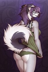  2:3 anthro ass breasts canid canine canis clothed clothing digital_media_(artwork) domestic_dog f-r95 female fur grey_spots hair looking_at_viewer looking_back mammal moon_fresh_(f-r95) presenting presenting_hindquarters purple_hair raised_tail shaded shirt simple_background solo spots tail tank_top topwear underwear white_body white_fur 