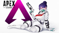  absurdres animification apex_legends blue_eyes bodysuit bow breasts chinese_commentary copyright_name covered_nipples energy_gun female gun hair_behind_ear hairbow handgun head_tilt highres holding holding_gun holding_weapon large_breasts logo official_alternate_costume purple_hair quarantine_722_wraith redlove sa-3_mozambique shotgun sitting solo thigh_strap weapon white_background white_bodysuit wide_hips wraith_(apex_legends) 