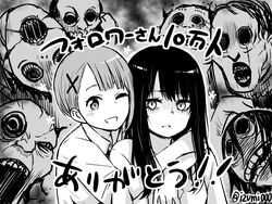  2girls commentary_request ghost greyscale hug hug_from_behind izumi_(toubun_kata) long_hair looking_at_viewer mieruko-chan milestone_celebration monochrome multiple_girls one_eye_closed scared school_uniform sleeves_rolled_up smile thank_you twitter_username upper_body yotsuya_miko yurikawa_hana 