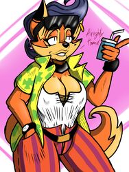  3:4 ace_ventura ace_ventura_(copyright) anthro beverage big_breasts breasts canid canine carmelita_fox cleavage clock clothed clothing cosplay crossover crossover_cosplay ear_piercing ear_ring eyewear female fox hi_res mammal piercing ring_piercing sly_cooper_(series) solo sony_corporation sony_interactive_entertainment sucker_punch_productions sunglasses warner_brothers watch wristwatch xxtheoneguyxx 