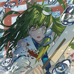  blood blood_on_clothes blood_stain commentary crying crying_with_eyes_open detached_sleeves female frog_hair_ornament green_hair hair_ornament japanese_clothes kaoru_(alicemakoto) kochiya_sanae miko mind_break open_mouth orange_eyes outdoors solo tears torii touhou water_drop 