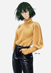  artist_name black_pants dark_green_hair female green_eyes hand_in_pocket highres koihorkka leather leather_pants long_sleeves one-punch_man open_mouth pants ribbed_sweater short_hair simple_background solo standing sweater turtleneck turtleneck_sweater white_background yellow_sweater 