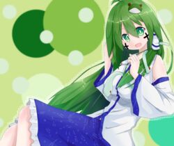  blue_skirt breasts collared_shirt commentary cookie_(touhou) cross detached_sleeves eyes_visible_through_hair facepaint feet_out_of_frame female frog_hair_ornament green_background green_eyes green_hair hair_between_eyes hair_ornament hair_tubes highres jom0 kochiya_sanae long_hair looking_at_viewer medium_breasts nontraditional_miko open_mouth paseri_(cookie) shiny_skin shirt skirt sleeveless sleeveless_shirt smile snake_hair_ornament solo touhou white_shirt 