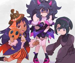  1boy 2girls @_@ ahoge allister_(fall_2022)_(pokemon) allister_(pokemon) allister_(pokemon)_(cosplay) alternate_hairstyle brown_headwear chiimako cosplay costume_switch dark-skinned_female dark_skin dress fake_horns fake_tail fake_wings fangs hairband hex_maniac_(pokemon) hex_maniac_(pokemon)_(cosplay) horns iris_(fall_2022)_(pokemon) iris_(pokemon) iris_(pokemon)_(cosplay) looking_at_viewer mask mole mole_under_mouth multiple_girls official_alternate_costume pokemon pokemon_masters_ex pokemon_xy purple_dress purple_eyes purple_footwear purple_hair skirt_hold smile sweat tail unworn_mask wings 