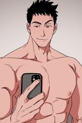  1boy abs bad_id bad_twitter_id balnom bara large_pectorals male_focus mature_male muscular muscular_male nipples nude original pectorals phone raised_eyebrow seductive_smile selfie short_hair sideburns smile solo stomach thick_eyebrows upper_body 