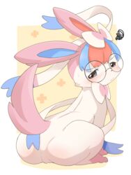  abstract_background annoyed ass blue_hair blush eeveelution eyewear female feral fur generation_6_pokemon glasses grey_eyes hair hi_res highlights_(coloring) human_to_feral kemono looking_back mammal nintendo penny_(pokemon) pink_body pink_fur pokemon pokemon_(species) red_hair ribbons_(anatomy) sitting solo species_transformation sylveon transformation ukan_muri white_body white_fur 