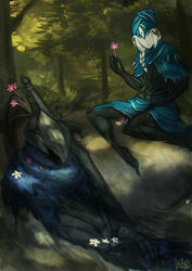  1boy armor artorias_the_abysswalker blazemalefica braid cape covered_face dark_souls_(series) dark_souls_i female flower forest full_armor gauntlets helmet highres knight lord&#039;s_blade_ciaran mask nature outdoors tree 