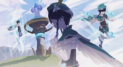  1boy androgynous beret black_hair blue_hair braid cape closed_eyes cloud cloudy_sky collared_cape corset flower frilled_sleeves frills genshin_impact gradient_hair green_eyes green_headwear hat highres joshu_7 leaf long_sleeves male_focus multicolored_hair multiple_views seelie_(genshin_impact) short_hair_with_long_locks simple_background sky statue twin_braids venti_(genshin_impact) vision_(genshin_impact) white_flower wind 