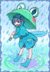  aqua_footwear black_hair boots female full_body highres holding holding_umbrella hood hood_up long_sleeves nobile1031 open_mouth original pocket rain raincoat rubber_boots solo splashing standing tadpole_tail umbrella 