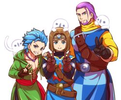  3boys aopanda beard blue_eyes blue_hair bob_cut brown_hair camus_(dq11) commentary_request cosplay double_v dragon_quest dragon_quest_iii dragon_quest_xi earrings facial_hair gloves greig_(dq11) hero_(dq11) hero_(dq3) jewelry male_focus multiple_boys necklace pectoral_cleavage pectorals purple_facial_hair purple_hair roto_(dq3) roto_(dq3)_(cosplay) simple_background spiked_hair spoilers v white_background 