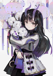  black_hair black_skirt bouquet closed_mouth commentary cowboy_shot falling_petals female flower gradient_hair grey_background grey_eyes holding holding_bouquet horns hugging_object hyatsu jacket lantern long_hair long_sleeves looking_at_viewer multicolored_hair original paper_lantern petals pleated_skirt purple_flower purple_hair purple_theme simple_background skirt smile solo symbol-only_commentary white_flower white_jacket 